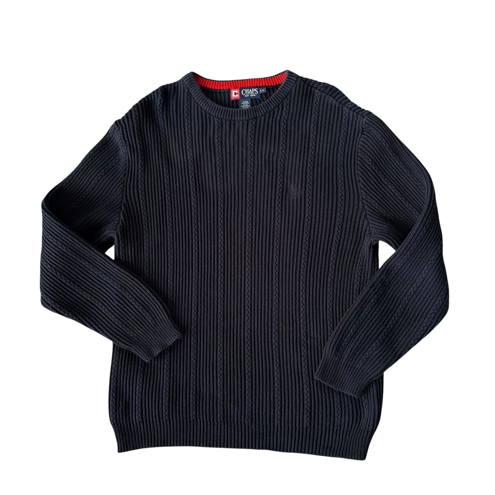 Chaps Mens Cable Knit Crewneck Sweater Sz L Navy Blue 100% Cotton Preppy